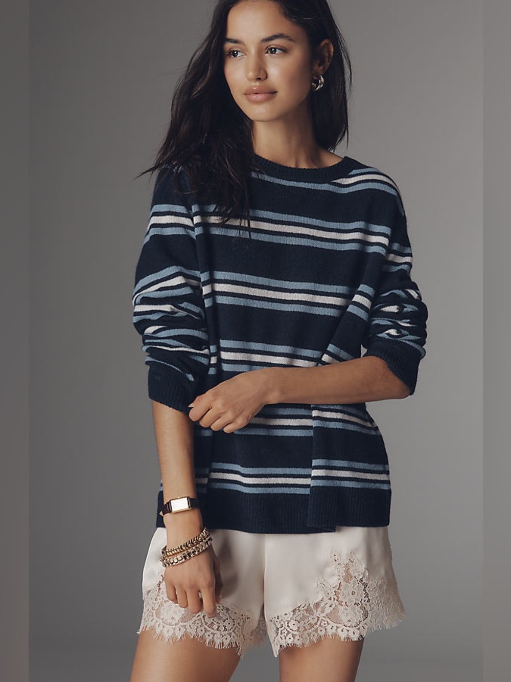 Reformation Cashmere Boyfriend Sweater in Navy Multi Stripe L